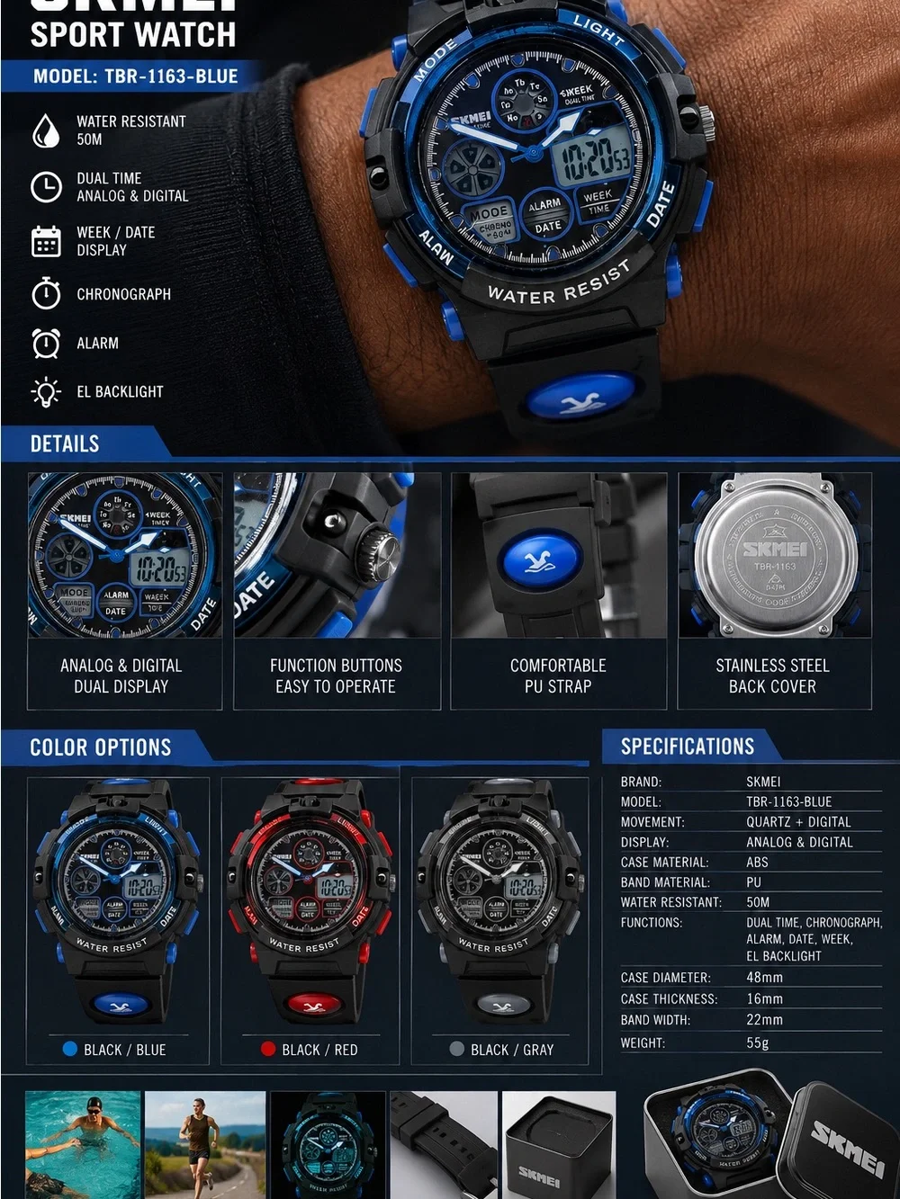 Men's Sport Watch - Black/Blue Analog-Digital
